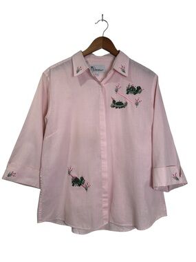 Vintage MiLi Designs L Pink & White Seersucker/Gingham Button-Down Turtle Shirt